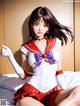 A woman in a sailor outfit sitting on a bed.