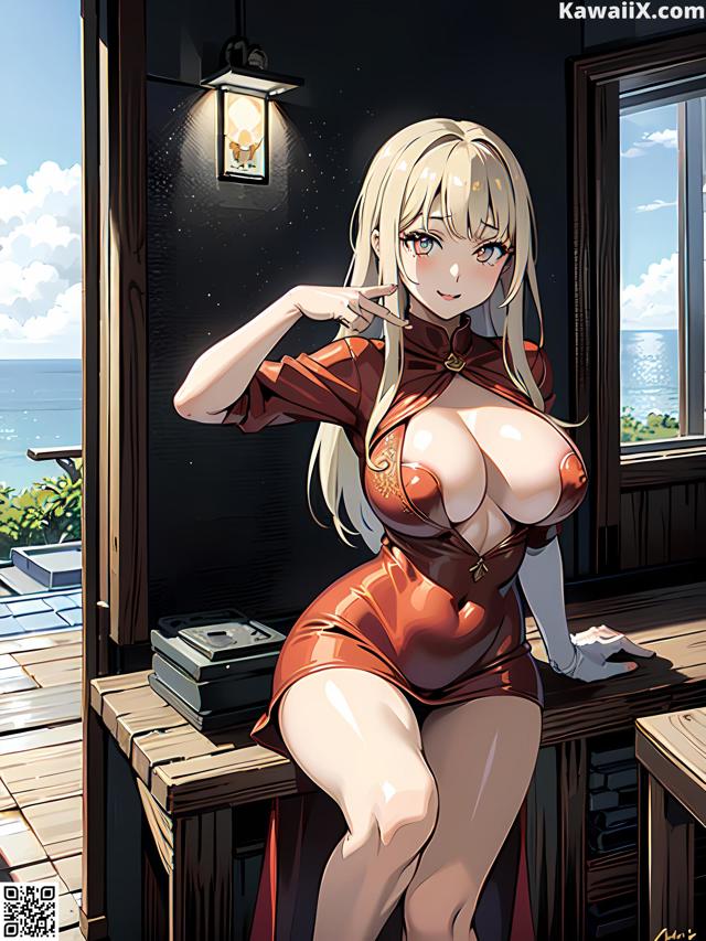 A woman in a red dress sitting at a table.